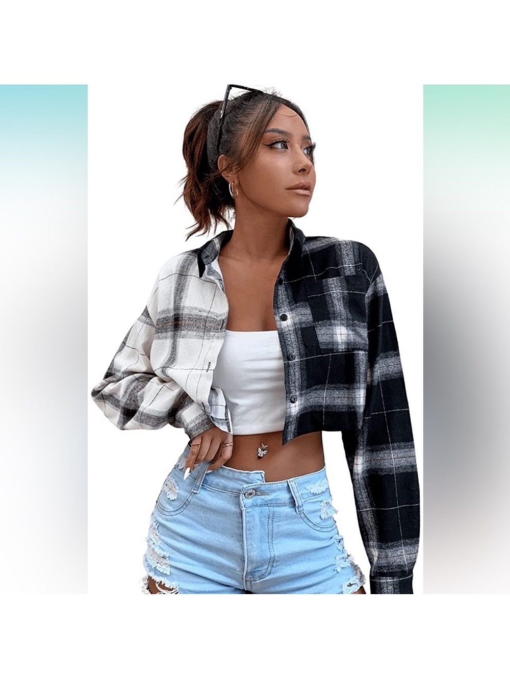 Cropped Flannel Plaid Button-Up Shirt Jacket Black & White Small